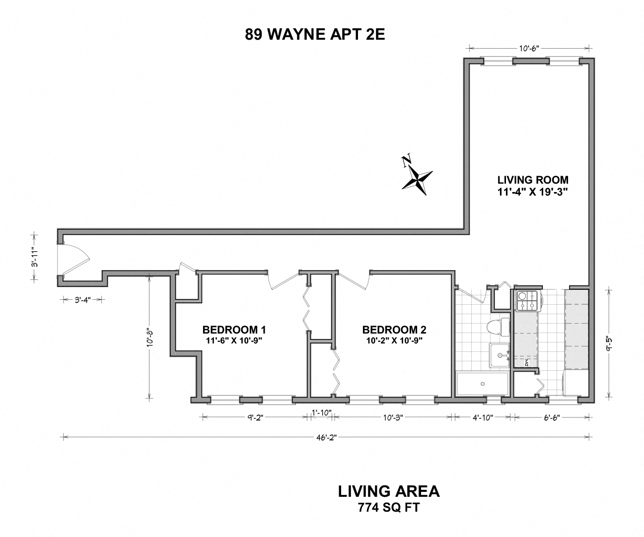 Floor plan for 2 beds, 1 bath, 740 sqft